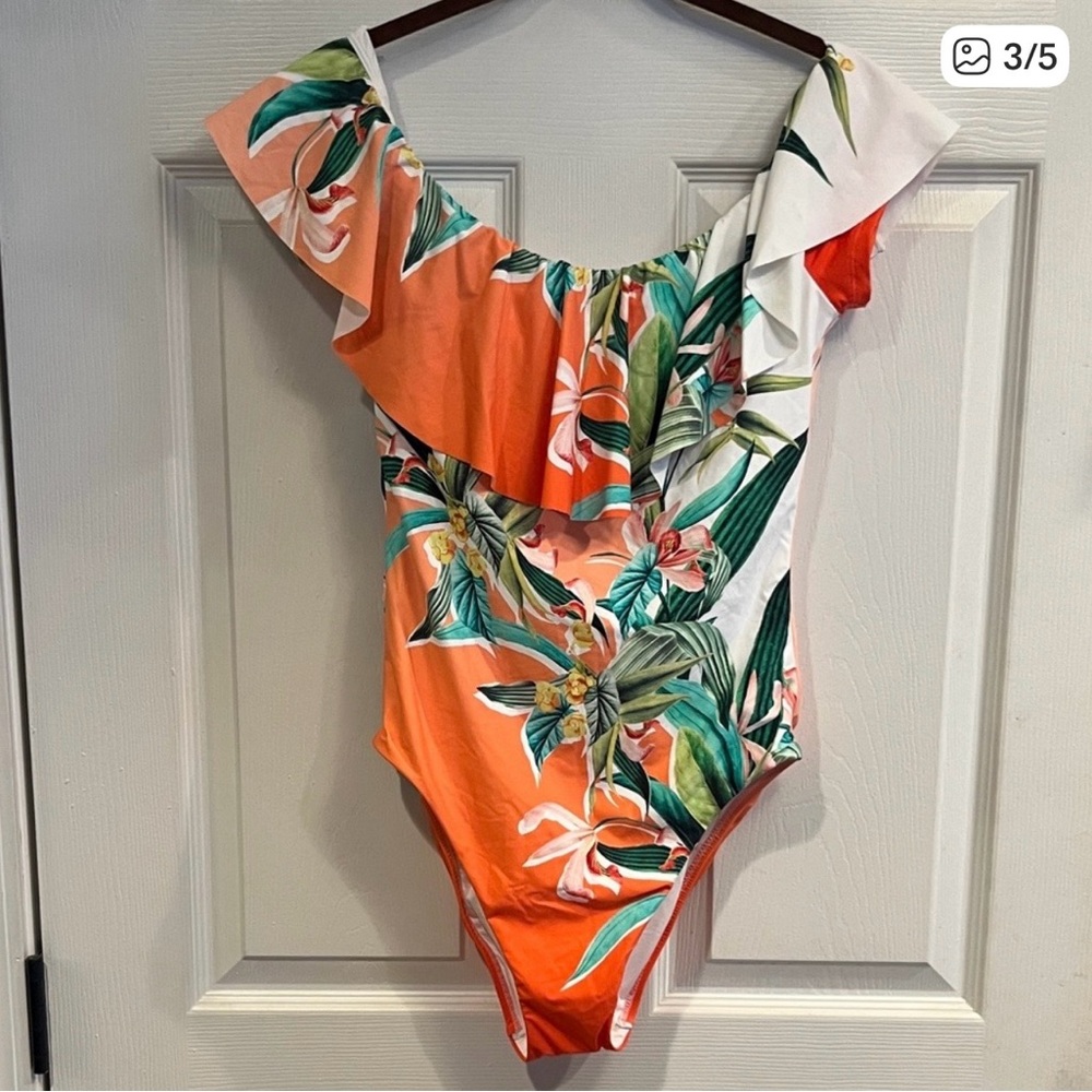Trina Turk Orange Floral One-Shoulder Swimsuit/new